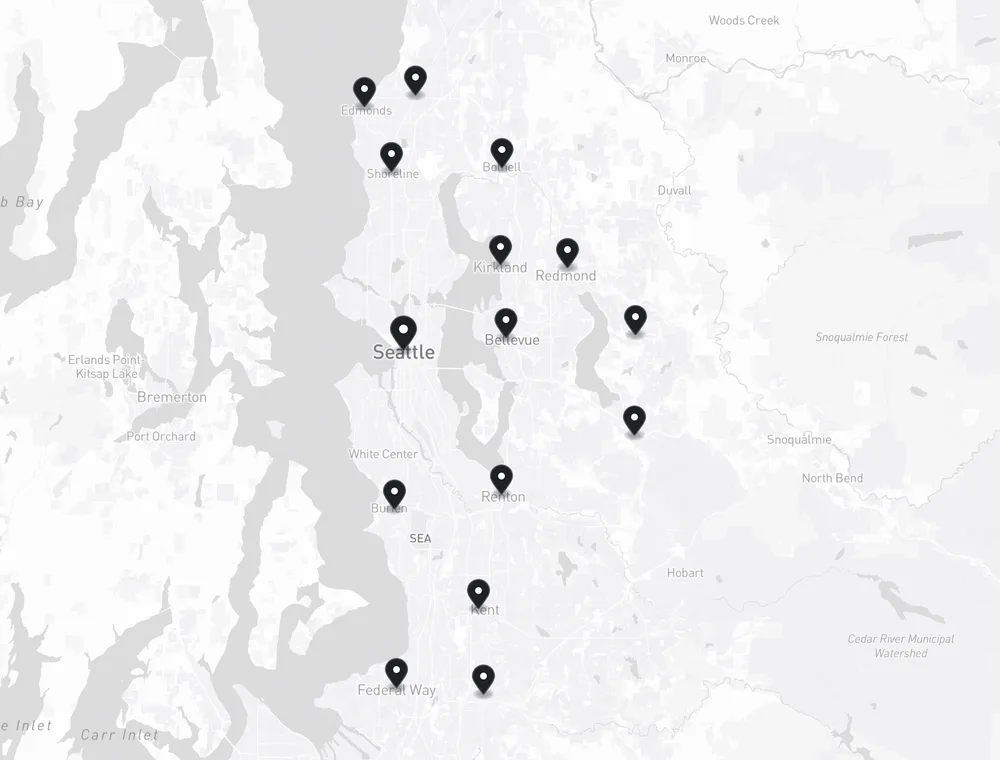 Map of Karina’s Cleaning service areas across Seattle and the Eastside
